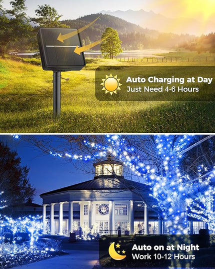Minetom Solar Christmas Lights Outdoor Waterproof, 40FT 100 LED Solar Lights with 8 Modes, Solar Christmas Outdoor Decoration, Solar String Lights for Outside House Tree Party Yard, Blue& Pure White Minetom