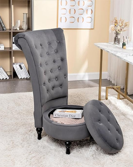 Royal Velvet Accent Chair for Vanity with Storage and Luxurious Upholstery, Retro Design and Versatile Usage for Living Room, Bedroom, Lounge and Office, Grey - LeafyLoom