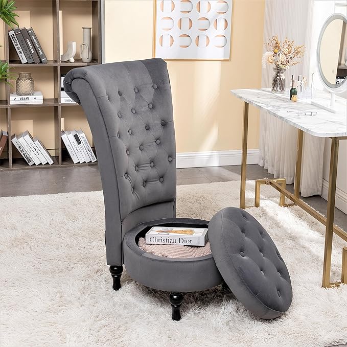 Royal Velvet Accent Chair for Vanity with Storage and Luxurious Upholstery, Retro Design and Versatile Usage for Living Room, Bedroom, Lounge and Office, Grey - LeafyLoom