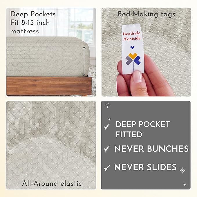 California Design Den Twin Size Sheet Set, 400 Thread Count, 100% Cotton Sateen 3 Pc Deep Pocket Twin Sheets & Pillowcase Set (Taupish-Sage Crosshatch) - LeafyLoom