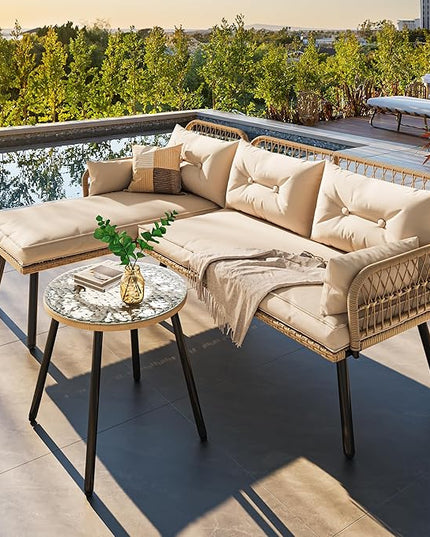 YITAHOME L-Shaped Patio Furniture Outdoor Loveseat Sectional Set for Backyard, Porch with Thick Cushions Detachable Lounger, Side Table (Light Brown+Beige) - LeafyLoom