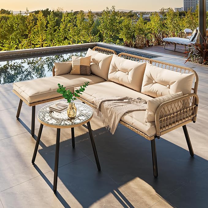 YITAHOME L-Shaped Patio Furniture Outdoor Loveseat Sectional Set for Backyard, Porch with Thick Cushions Detachable Lounger, Side Table (Light Brown+Beige) - LeafyLoom