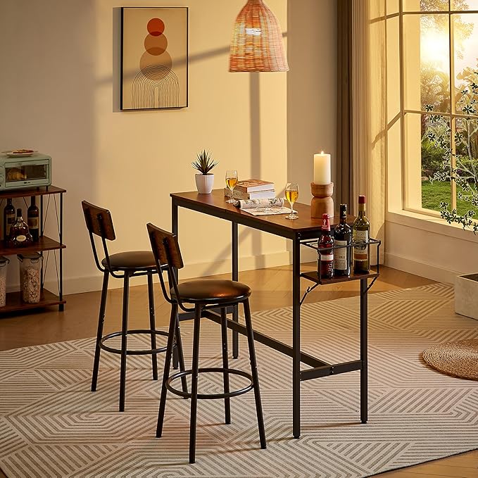 NicBex Kitchen Table for 2 Dining Table Set Table and Chairs Wine Bottle Storage Rack, Pu Leather Modern Dining Room Sets for Home, Kitchen, Dining Room, Rustic Brown - LeafyLoom