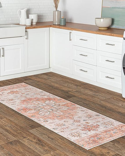 nuLOOM Dawson Machine Washable Distressed Medallion Ultra Thin Runner Rug, 2' 6" x 8', Peach - LeafyLoom