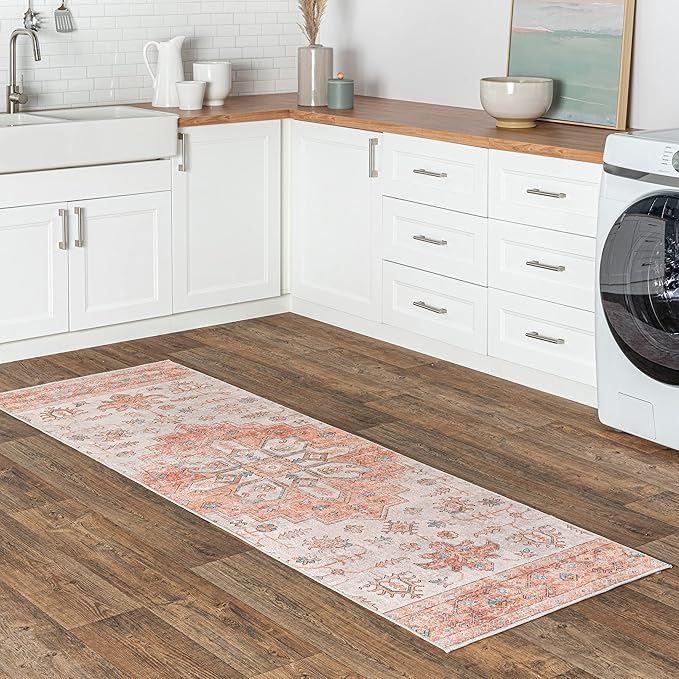 nuLOOM Dawson Machine Washable Distressed Medallion Ultra Thin Runner Rug, 2' 6" x 8', Peach - LeafyLoom