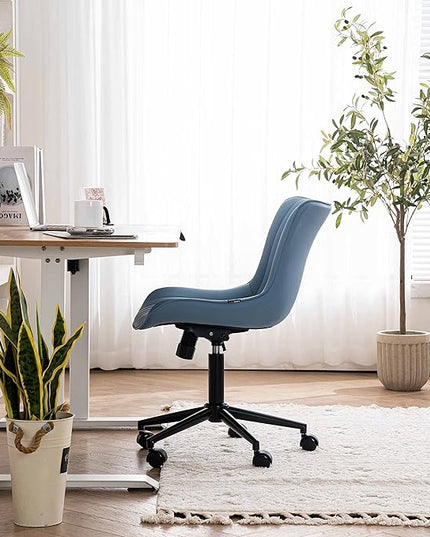 YOUNIKE Armless Office Chair with Wheels Swivel Leather Desk Chair, Upholstered Adjustable Computer Task Chair, Modern Rolling Gaming Chair Mid Back, Blue - LeafyLoom