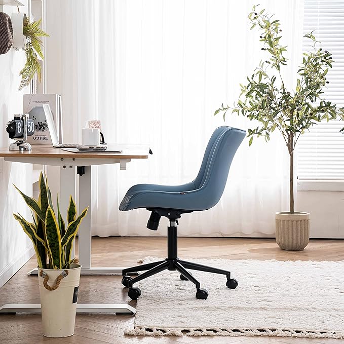 YOUNIKE Armless Office Chair with Wheels Swivel Leather Desk Chair, Upholstered Adjustable Computer Task Chair, Modern Rolling Gaming Chair Mid Back, Blue - LeafyLoom