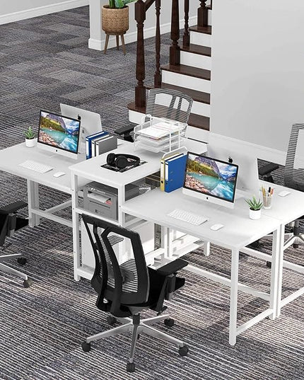 Tribesigns 96.9" Double Computer Desk with Printer Shelf, Extra Long Two Person Desk Workstation with Storage Shelves, Large Office Desk Study Writing Table for Home Office, White - LeafyLoom