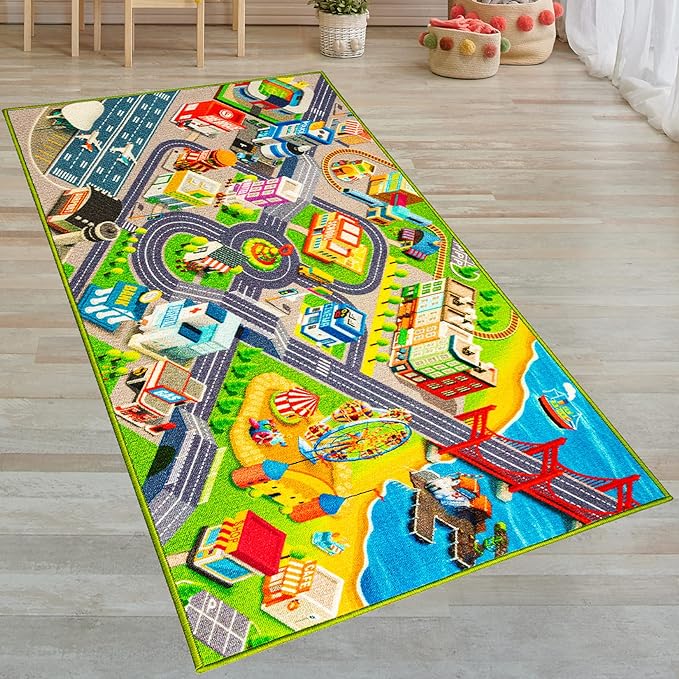 Kids Carpet Playmat City Life 3D Playroom Rug | 30 x 60 Inch Extra Large Toddler Activity Mat for Race Cars & Toys | Playroom Rug Makes a Fun Educational Gift Idea for Boys & Girls - LeafyLoom