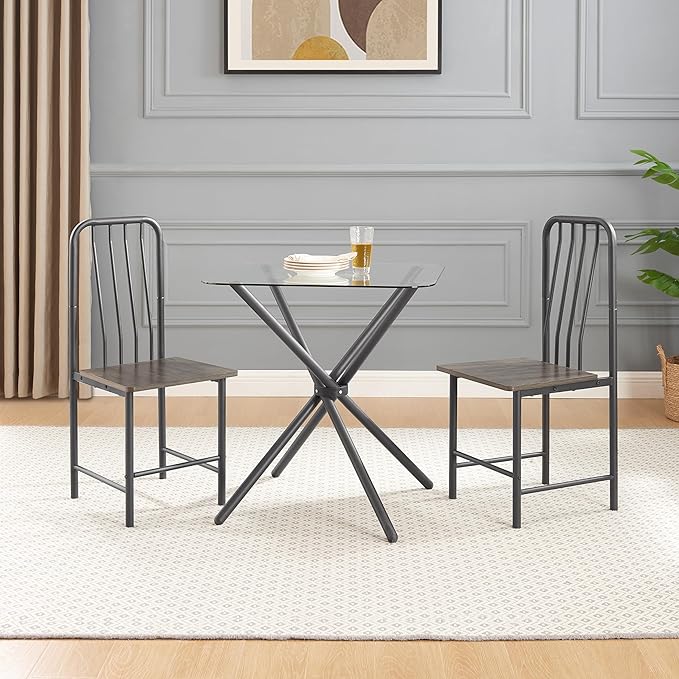 NicBex Small Dining Table for 2 Kitchen Table and Chairs Square Glass Tempered Dining Table with 4 Legs and 2 Metal Chair for Home Office Kitchen Dining Room, Antique Brown - LeafyLoom