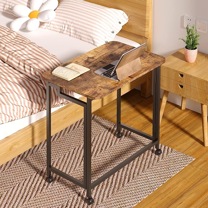 4NM 23.6" Mobile Small Folding Desk, Adjustable Rolling Compact Laptop Cart Desk, Couch Desk, Bed Desk for Laptop for Small Space Offices - Rustic Brown and Black - LeafyLoom