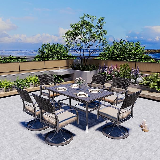 Pamapic 7 Piece Patio Dining Set for 6,Outdoor Wicker Furniture Set for Backyard Garden Deck Poolside with 6 Cushions Swivel Rocker Chairs,Iron Slats Table Top, Removable Cushions(Beige) - LeafyLoom