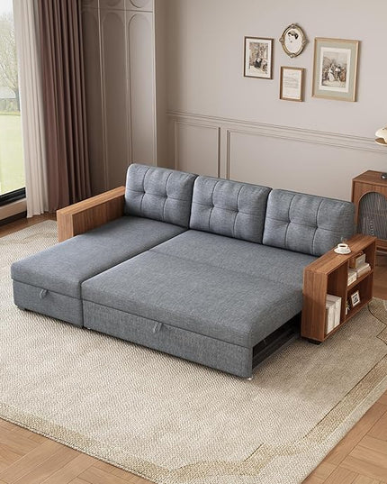 84" Pull Chaise,Sectional Couch Bed,Convertible Sleeper, L Shaped Sofa with Wooden Storage Handrail for Living Room,Apartment,Office,Light Grey - LeafyLoom
