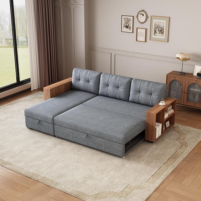 Convertible Sectional Couch with Pull Out Bed and Storage Chaise,L Shaped Sleeper Sofa W/Storage Cabinet Armrests & Removable Back Cushions,Living Room Furniture,for Home,Office,Light Grey,84" - LeafyLoom