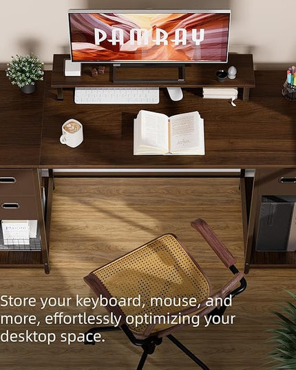 Pamray 55 Inch Computer Desk with Non-woven Storage Drawers and Monitor Stand Home Office Desk for Bedroom Study Table Writing and Work Desk Vintage - LeafyLoom