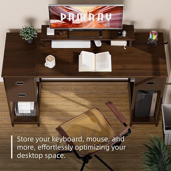 Pamray 55 Inch Computer Desk with Non-woven Storage Drawers and Monitor Stand Home Office Desk for Bedroom Study Table Writing and Work Desk Espresso Gray - LeafyLoom