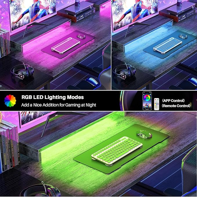 39.4'' Gaming Desk with LED, 39 Computer Desk with Outlets, Small Desk for Small Space, Simple Study Student Writing Desk with Monitor Stand, Laptop Table for Home Office, Grey and Black - LeafyLoom
