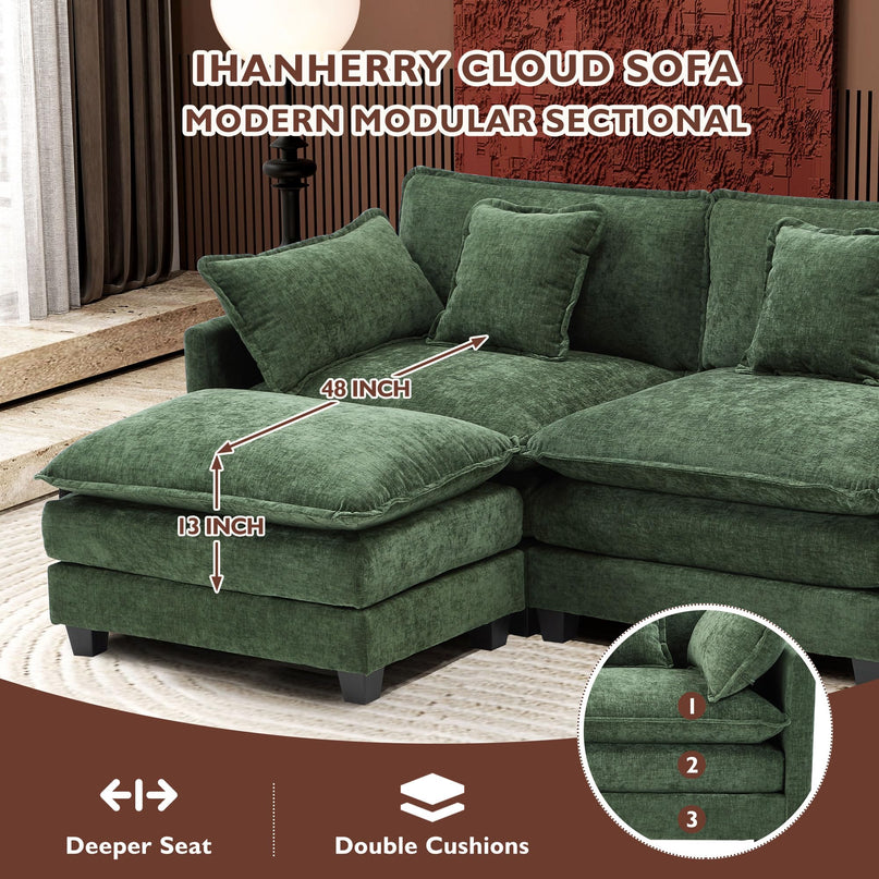 Ihanherry 111.4" L Shaped Modern Sofa Modular Sectional Cloud Couch with Ottoman, 4-Seat Chenille Deep Seat Sofa with Pillow for Living Room, Bedroom and Apartment, Beige LeafyLoom