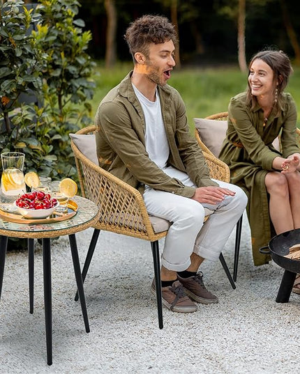 YITAHOME 3-Piece Wicker Balcony Small Patio Furniture Chair Set, Outdoor Rattan Conversation Chairs for Backyard, Balcony and Apartment with Soft Gray Cushions, Glass Side Table Light-Yellow - LeafyLoom