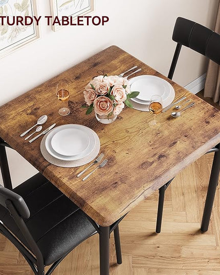 IDEALHOUSE Dining Table Set, Kitchen Table and Chairs for 2, Metal and Wood Square Dining Room Table Set with 2 Upholstered Chairs, 3 Piece Dining Table Set for Small Space, Apartment, Rustic Brown - LeafyLoom