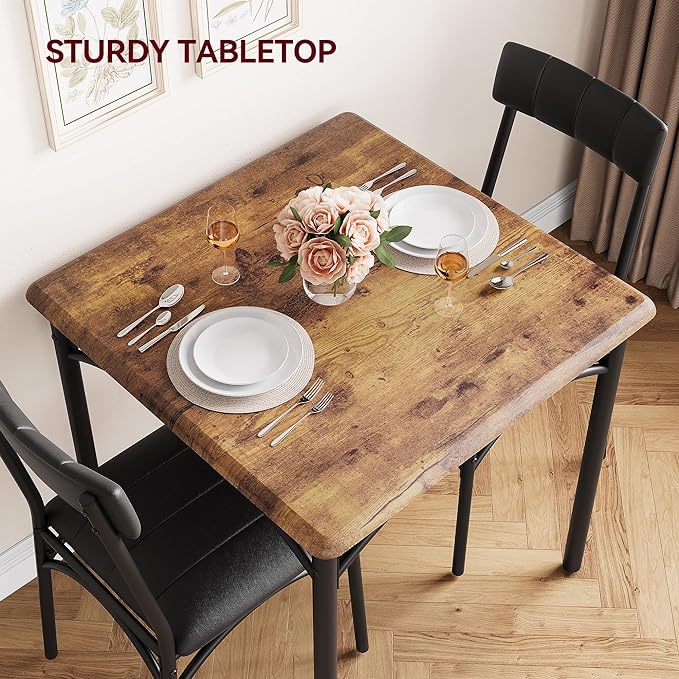 IDEALHOUSE Dining Table Set, Kitchen Table and Chairs for 2, Metal and Wood Square Dining Room Table Set with 2 Upholstered Chairs, 3 Piece Dining Table Set for Small Space, Apartment, Rustic Brown - LeafyLoom