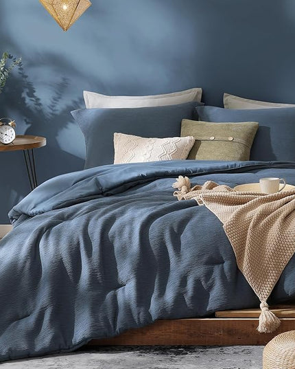 Grey Blue King Size Comforter Set, Modern Comforter for Crinkle Design King Bed Set, King Bedding Set 3 Piece with Minimalist Comforter & Shams (King, 102"x90",Blue) - LeafyLoom