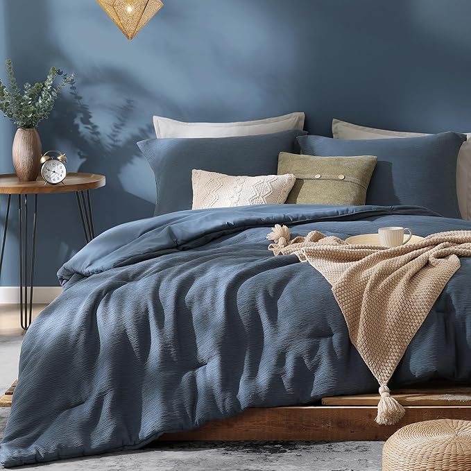 Grey Blue King Size Comforter Set, Modern Comforter for Crinkle Design King Bed Set, King Bedding Set 3 Piece with Minimalist Comforter & Shams (King, 102"x90",Blue) - LeafyLoom
