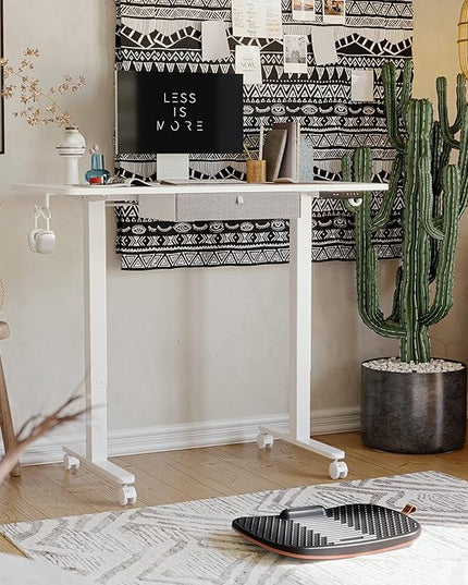 FEZIBO 48 x 24 Inches Standing Desk with Drawer, Adjustable Height Electric Stand up Desk with Storage, Sit Stand Home Office Desk, Ergonomic Computer Desk, White - LeafyLoom
