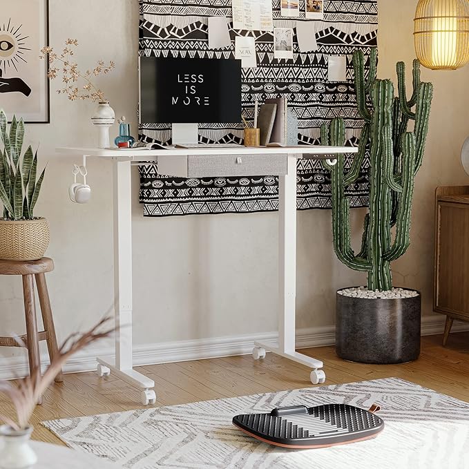 FEZIBO 48 x 24 Inches Standing Desk with Drawer, Adjustable Height Electric Stand up Desk with Storage, Sit Stand Home Office Desk, Ergonomic Computer Desk, White - LeafyLoom