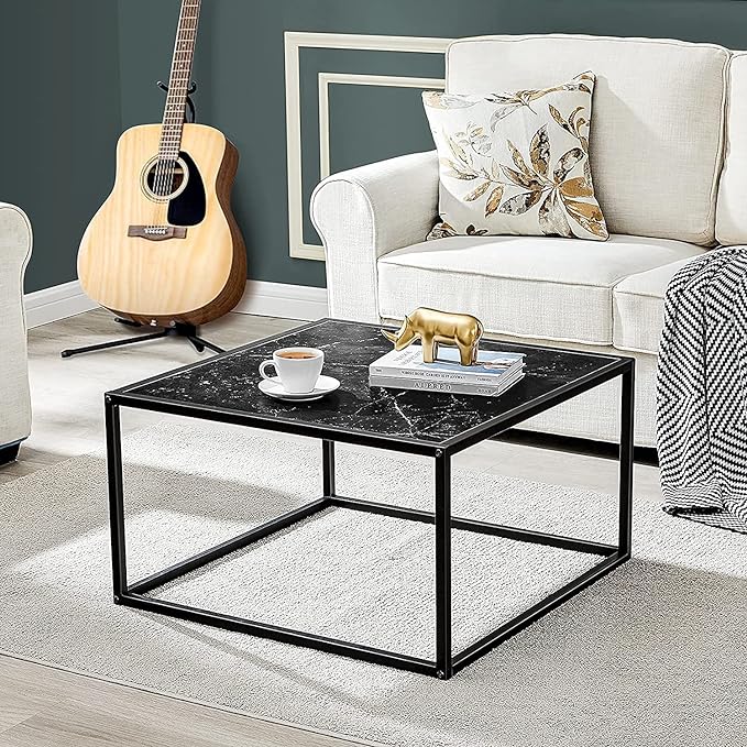 SAYGOER Black Coffee Table Small Square Coffee Table Simple Modern Center Table for Living Room Home Office 27.6 * 27.6 * 15.7Inch Easy Assembly, Black Faux Marble Top with Metal Frame - LeafyLoom