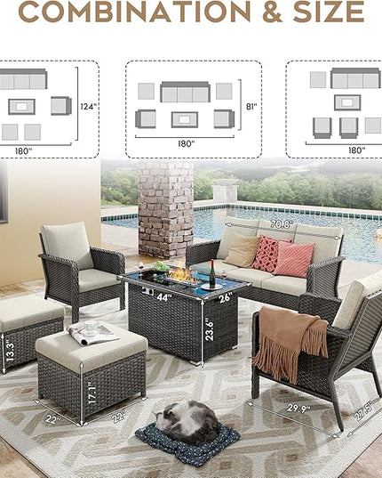 Yechen Patio Conversation Set 7 Seats with 44" Propane Gas Fire Pit Table - 6 Pcs Outdoor Wicker Furniture Set with Lid & Wind Shields - Sectional Sofa Set for Porch,Backyard - LeafyLoom