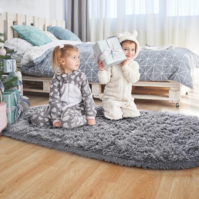 Noahas Grey Fluffy Rugs for Bedroom,2'X 5' Oval Ultra Soft Bedroom Rugs,Small Throw Rugs, Kids Room Carpet Modern Shaggy Area Rugs Home Decor - LeafyLoom