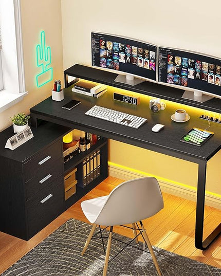 YITAHOME L Shaped Desk with 3 Drawers, 55" Corner Computer Desk with Power Outlets & LED Lights, L-Shaped Desk with File Cabinet for Home Office, Black - LeafyLoom