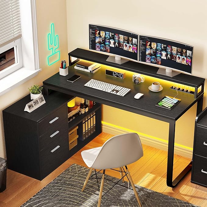YITAHOME L Shaped Desk with 3 Drawers, 55" Corner Computer Desk with Power Outlets & LED Lights, L-Shaped Desk with File Cabinet for Home Office, Black - LeafyLoom