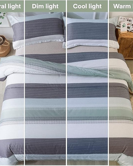 Andency Stripe Comforter Set King Size (104x90 Inch), 3 Pieces Mint Green Patchwork Striped Comforter, Soft Microfiber Down Alternative Comforter Bedding Set with Corner Loops - LeafyLoom