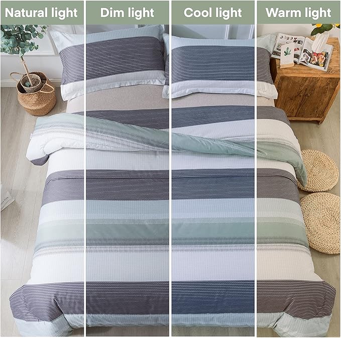 Andency Stripe Comforter Set King Size (104x90 Inch), 3 Pieces Mint Green Patchwork Striped Comforter, Soft Microfiber Down Alternative Comforter Bedding Set with Corner Loops - LeafyLoom