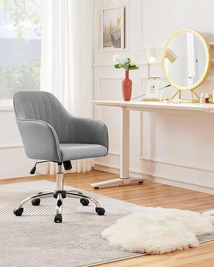 Yaheetech Modern Velvet Desk Chair Vanity Chair Height-Adjustable Swivel Computer Chair for Makeup Room Living Room Bedroom Soft Upholstered Office Chair Light Gray - LeafyLoom