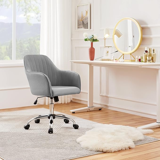 Yaheetech Modern Velvet Desk Chair Vanity Chair Height-Adjustable Swivel Computer Chair for Makeup Room Living Room Bedroom Soft Upholstered Office Chair Light Gray - LeafyLoom