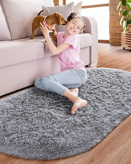 Noahas Grey Fluffy Rugs for Bedroom,2'X 5' Oval Ultra Soft Bedroom Rugs,Small Throw Rugs, Kids Room Carpet Modern Shaggy Area Rugs Home Decor - LeafyLoom