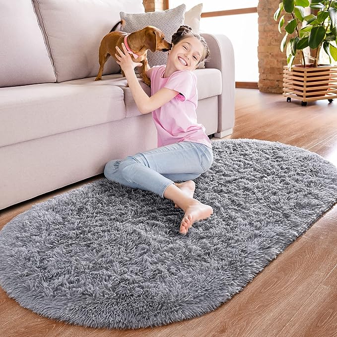 Noahas Grey Fluffy Rugs for Bedroom,2'X 5' Oval Ultra Soft Bedroom Rugs,Small Throw Rugs, Kids Room Carpet Modern Shaggy Area Rugs Home Decor - LeafyLoom