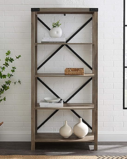 Walker Edison Andersen Urban Industrial Metal X Back 4 tier Bookshelf, 64 Inch, Grey Wash - LeafyLoom