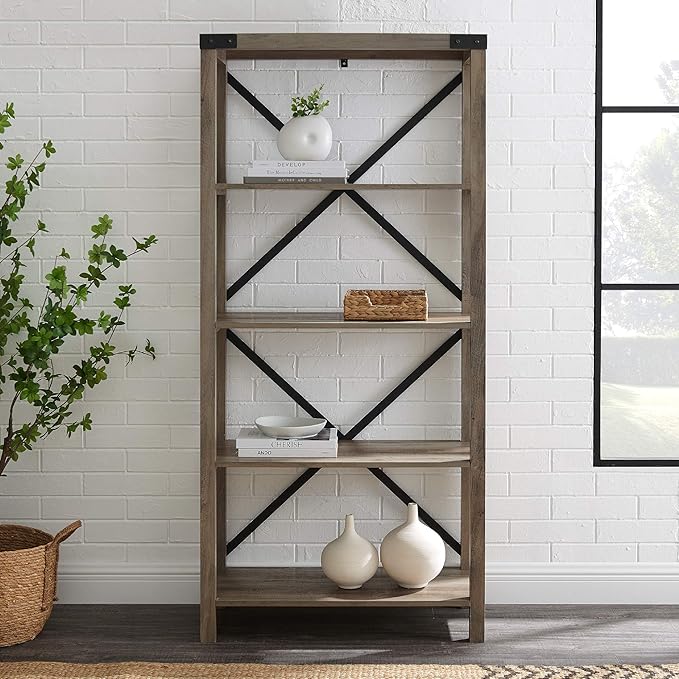 Walker Edison Andersen Urban Industrial Metal X Back 4 tier Bookshelf, 64 Inch, Grey Wash - LeafyLoom