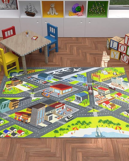 KC CUBS Road Play Map City Car Vehicle Traffic Educational Learning & Fun Game Area Non Slip Boy & Girl Kids Rug Carpet for Children Bedroom, Toddler Classroom & Baby Playroom Mat, Playtime Activity - LeafyLoom