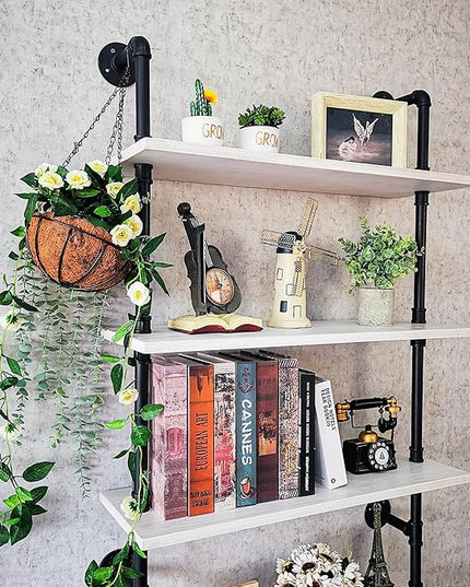 Pipe Shelves, Wall Mounted Wood Metal Industrial Shelves, Ladder Bookshelf for Living Room (White, 10" D x 30" W x 82.5" H) - LeafyLoom