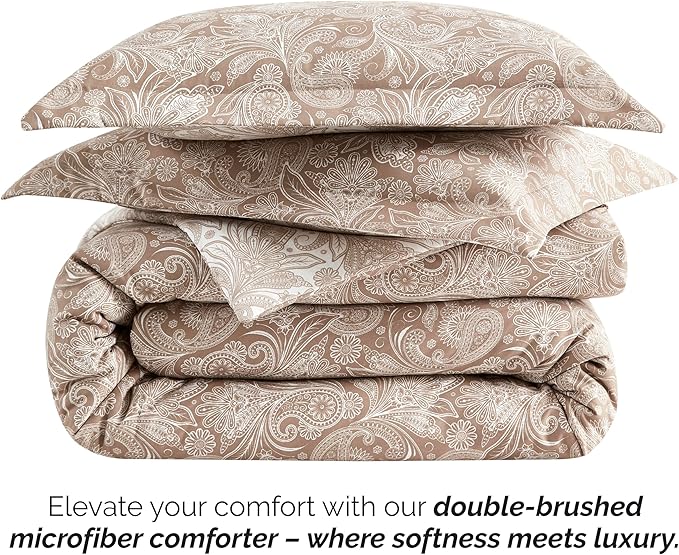 Southshore Fine Living, Inc. Oversized Full/Queen Comforter Set, Down Alternative Paisley Bedspread, Reversible Print is 2 Colors in 1, Queen/Full Comforter & Matching Shams, Taupe/White - LeafyLoom