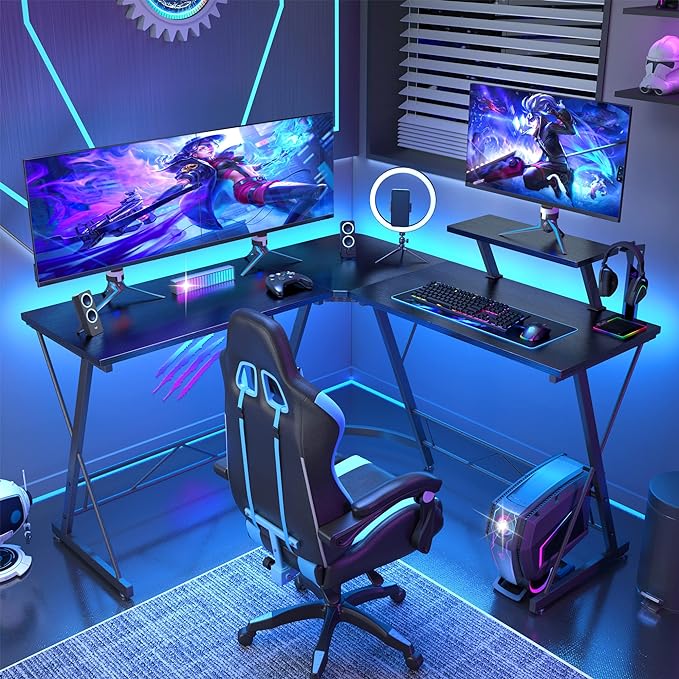 Mr IRONSTONE L Shaped Gaming Desk Corner Computer Desk, Home Office Desks Writing Workstation with Large Monitor Stand, Easy to Assemble (Black,51 Inch) - LeafyLoom