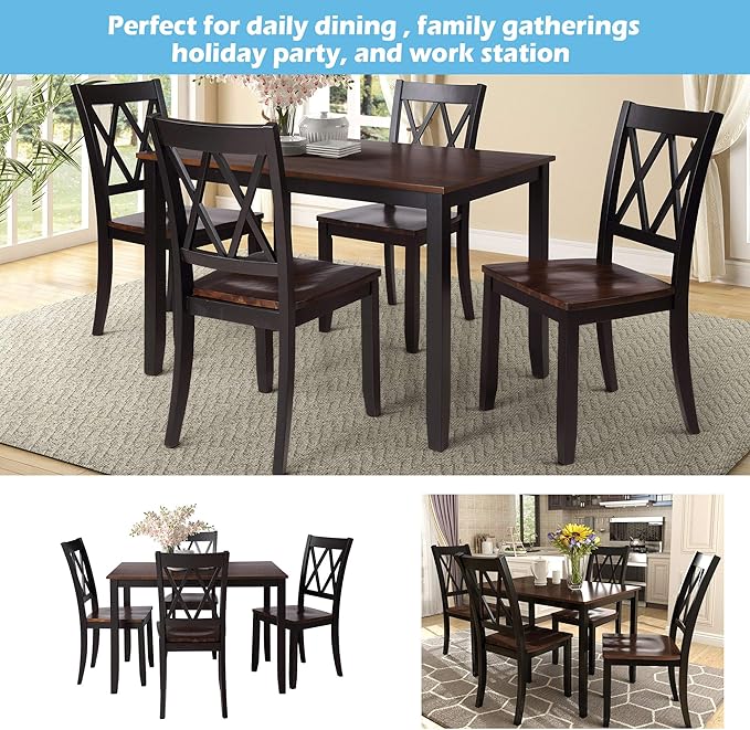 Farmhouse Style Comfortable 4 Chairs, Long-Lasting Solid Wood Home, Easy Assembly and Clean, Room, Kitchen, 5 Piece Dining Table Set, Black 25 - LeafyLoom