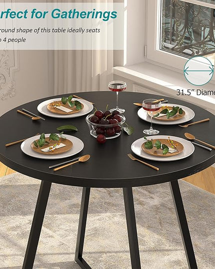 VECELO Round Dining Table with Steel Frame for 2-4 People, Space Saving for Home, Kitchen, Apartment, Black - LeafyLoom