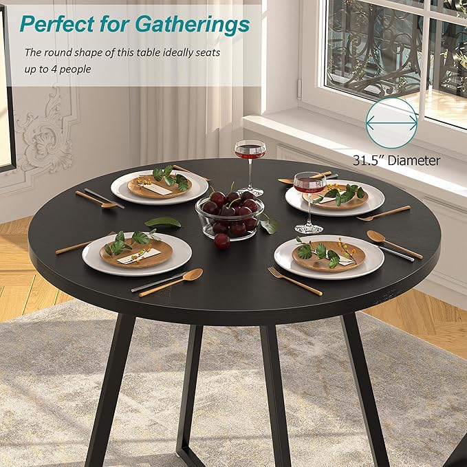 VECELO Round Dining Table with Steel Frame for 2-4 People, Space Saving for Home, Kitchen, Apartment, Black - LeafyLoom