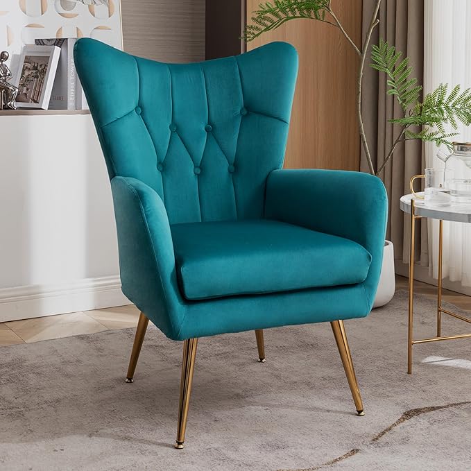 US Pride Furniture Modern Accent Chair with Ergonomic High Wingback, Microfiber Upholstered Armchair with Metal Legs for Living Room, Bedroom, Office or Vanity, Dark Teal - LeafyLoom